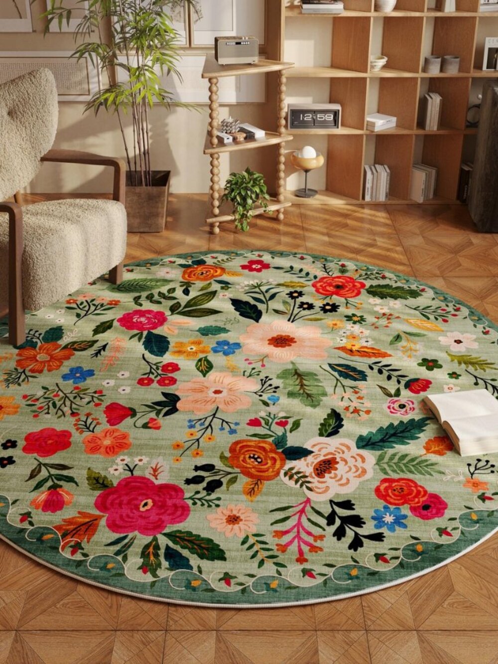 Round Area Rug 4ft Washable, Green